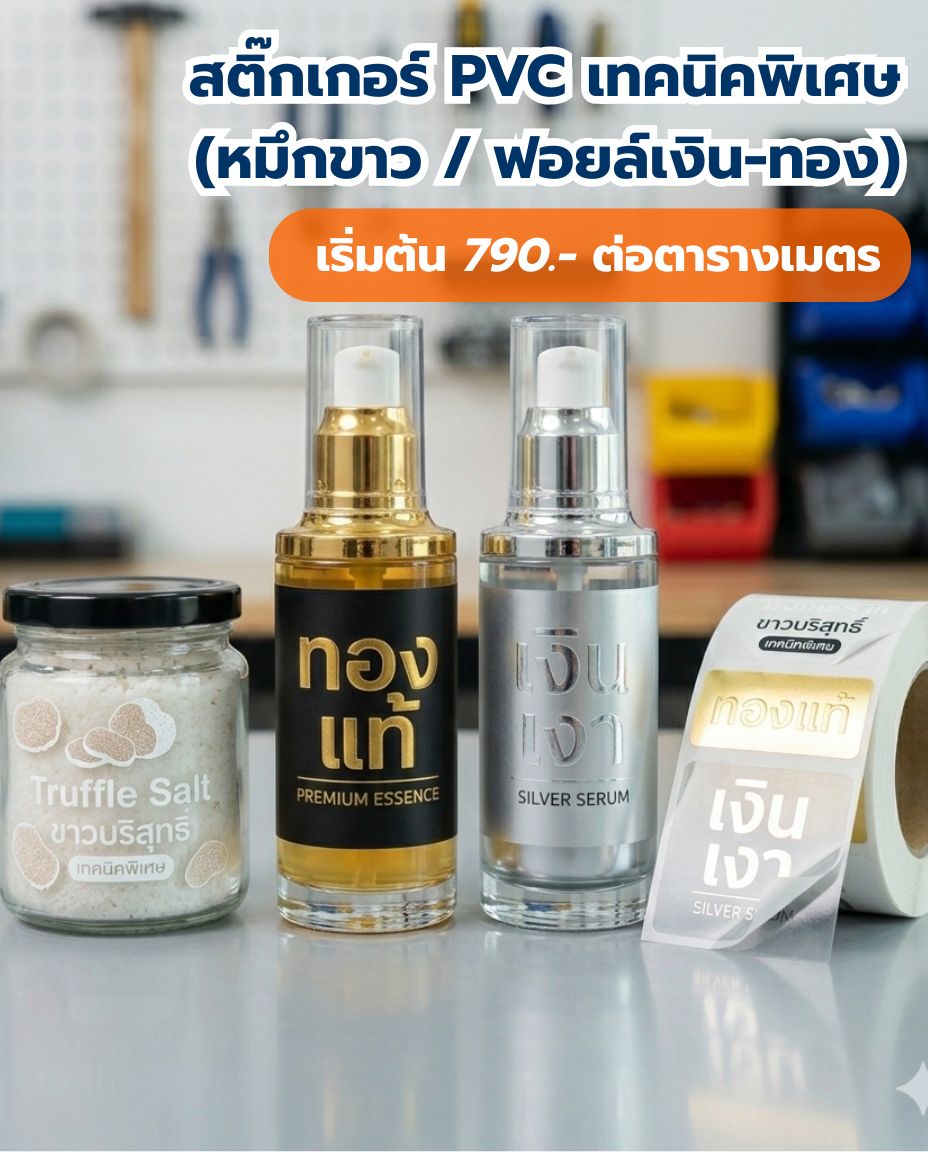 สติ๊กเกอร์ PVC เทคนิคพิเศษ (หมึกขาว / ฟอยล์เงิน-ทอง)